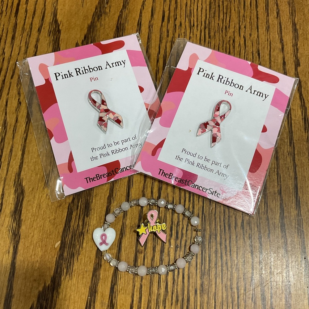 Brooch and Bracelet Set Breast Cancer Awareness Pink Ribbon Hope